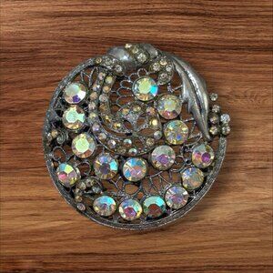 Vintage Circular Rhinestone Brooch Silver Filigree Aurora Borealis Stones 2 Inch